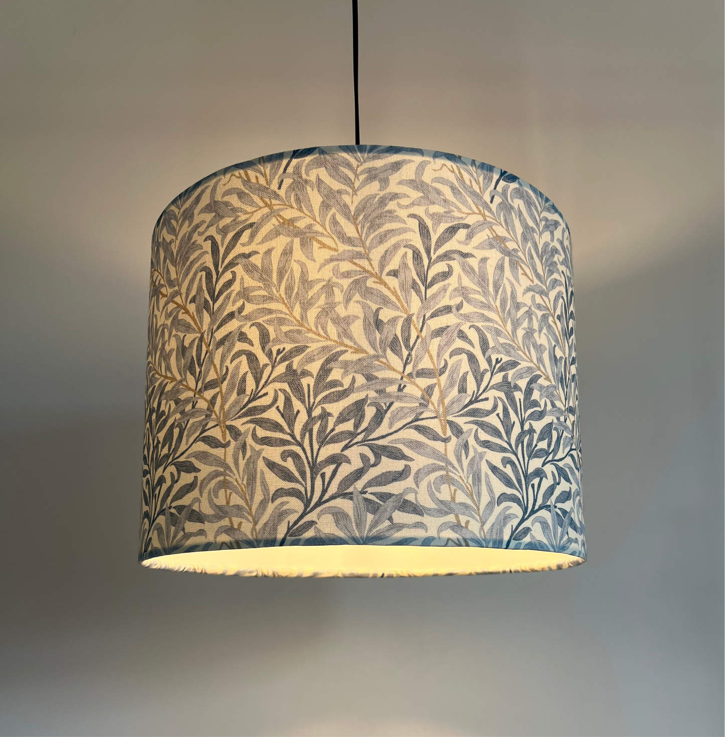 William Morris blue willow cotton drum lampshade/ ceiling shade with a white lining