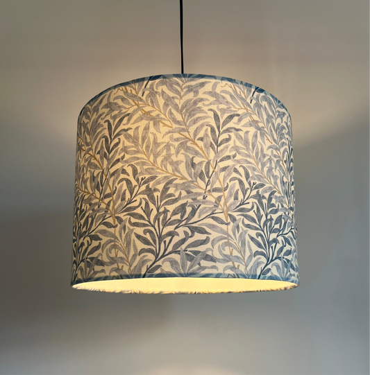 William Morris blue willow cotton drum lampshade/ ceiling shade with a white lining