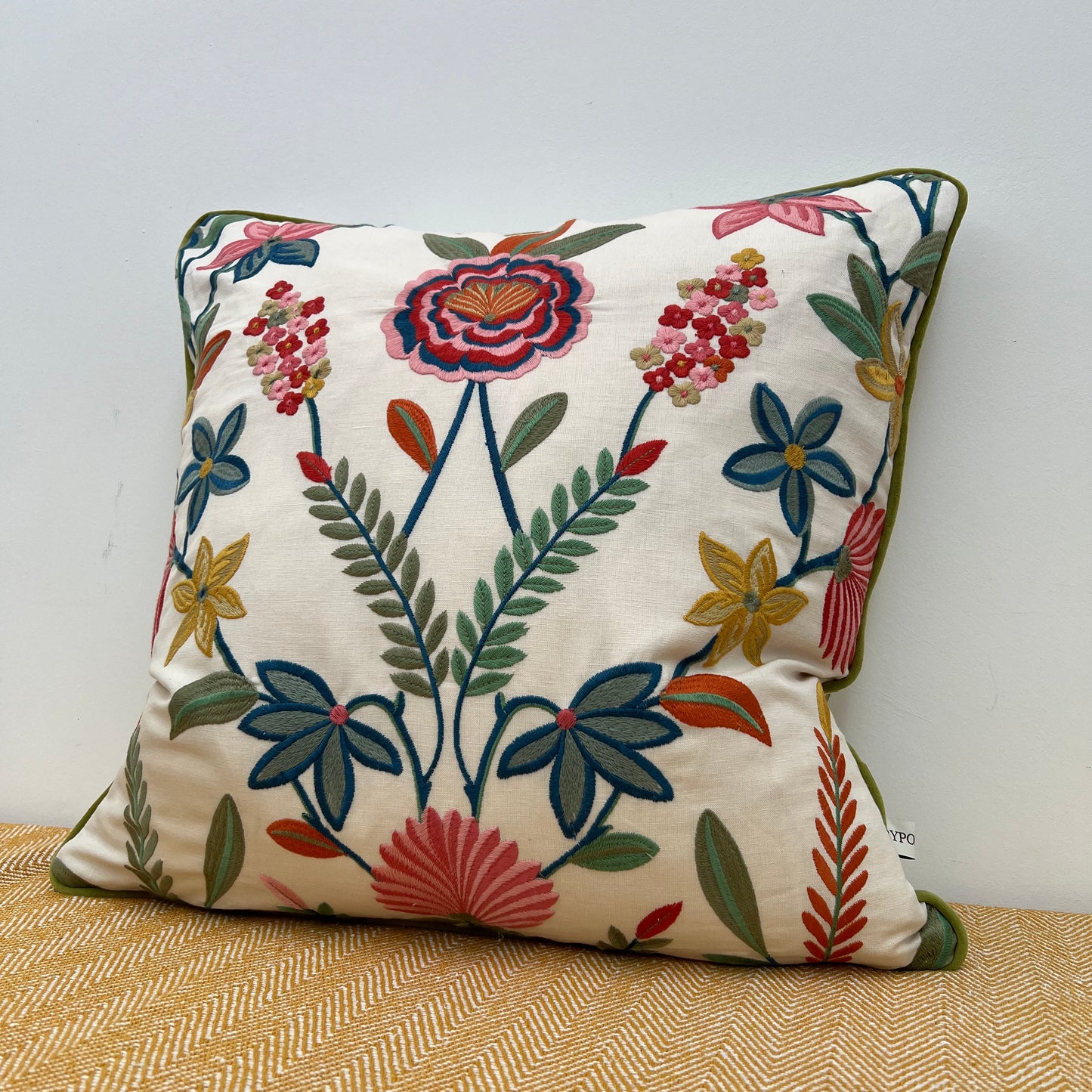 Botanical Embroidered Cushion, Floral Ivory with Olive Piping