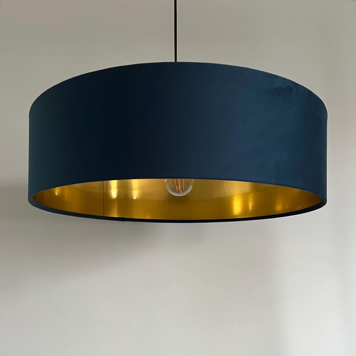 Slim Navy blue Velvet Ceiling Light Shade: Metallic Lined Extra Large Drum