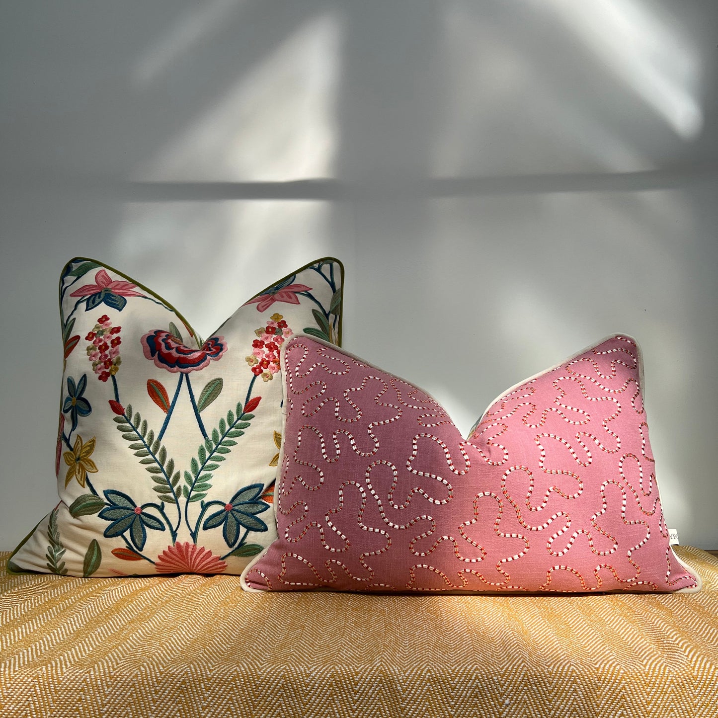 Botanical Embroidered Cushion, Floral Ivory with Olive Piping