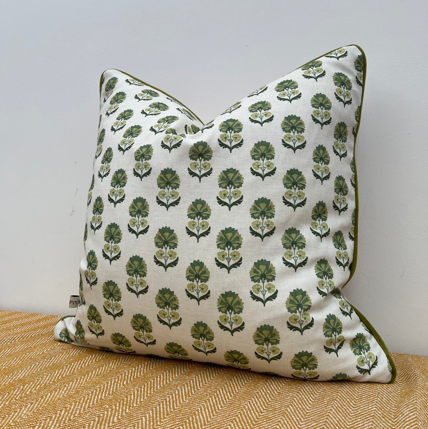 Botanical Embroidered Cushion, Floral Ivory with Olive Piping