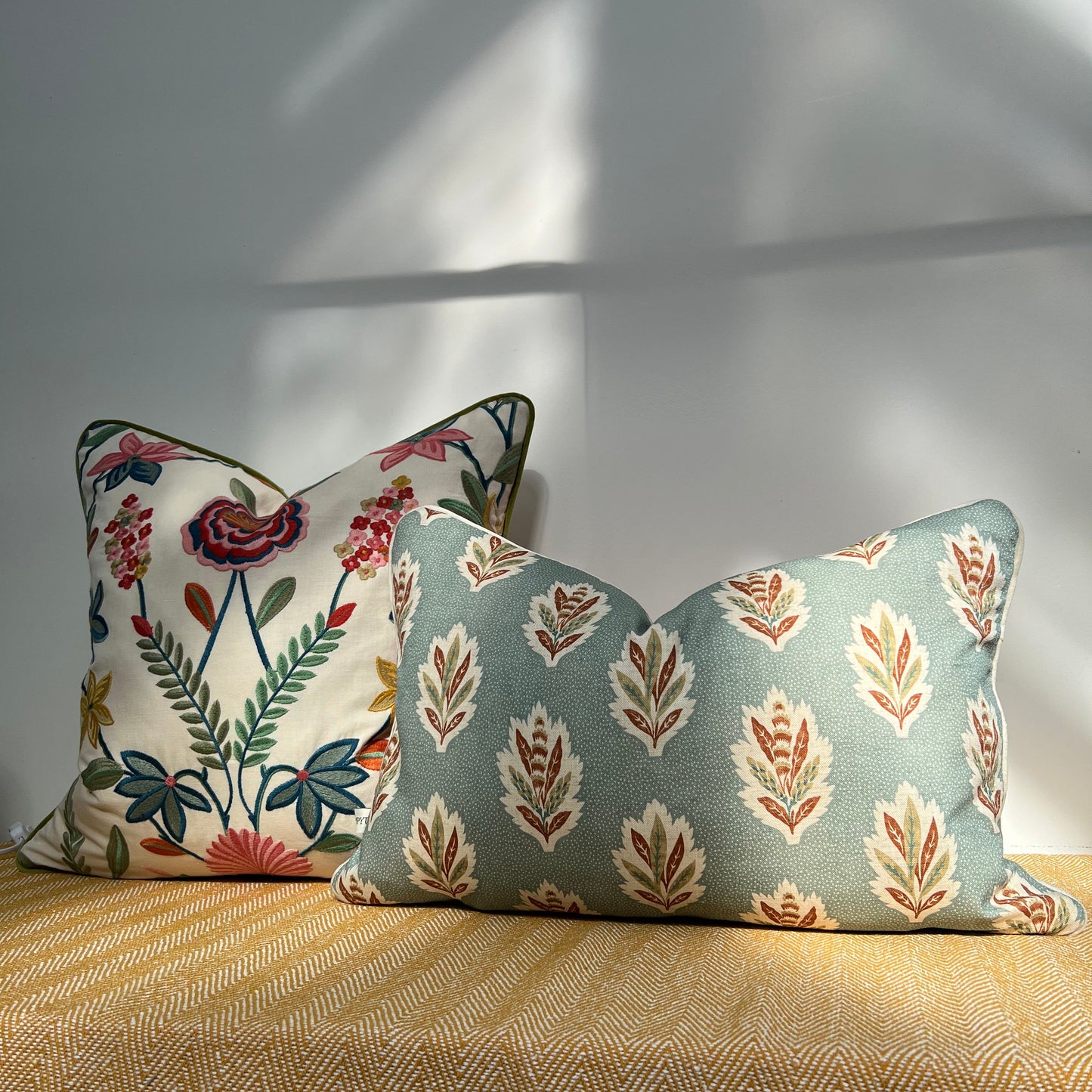 Botanical Embroidered Cushion, Floral Ivory with Olive Piping