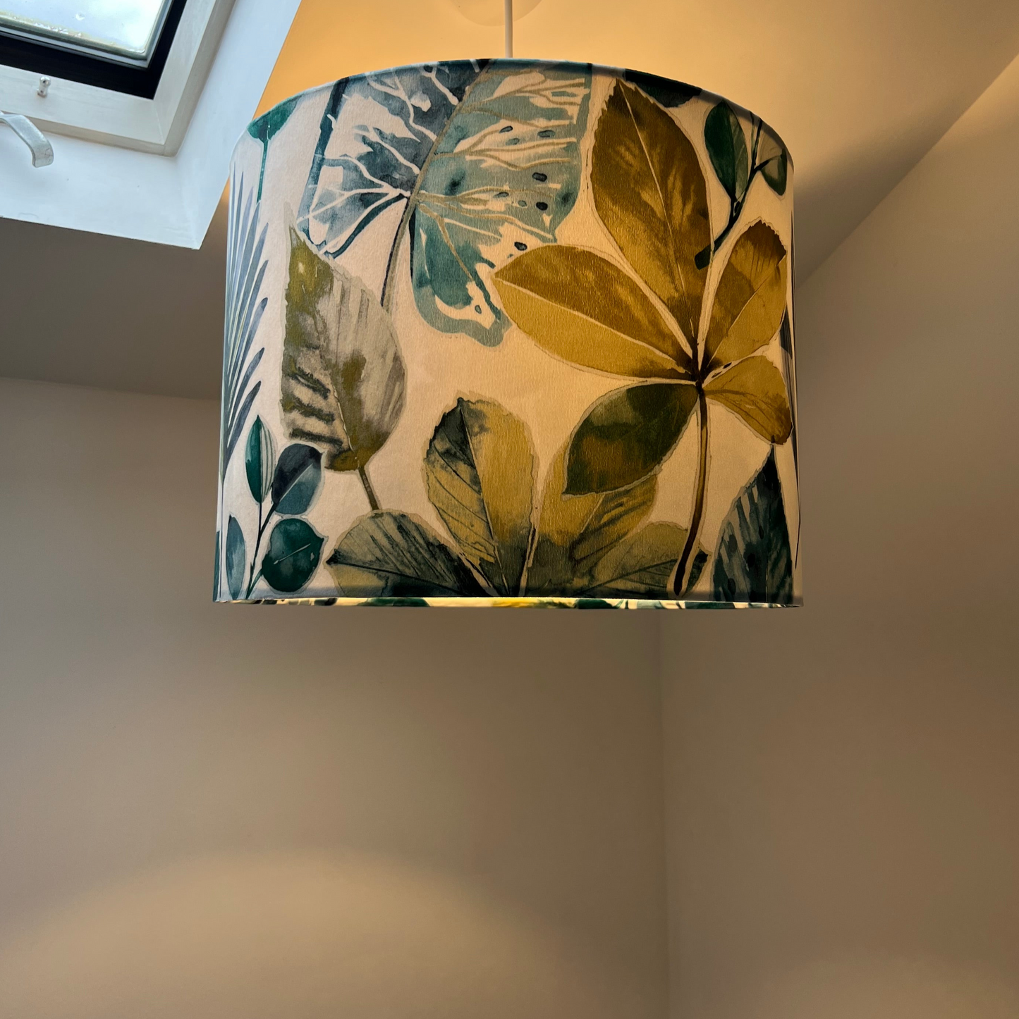 Rainforest velvet in green and blue, drum lampshade /ceiling shade with a white lining