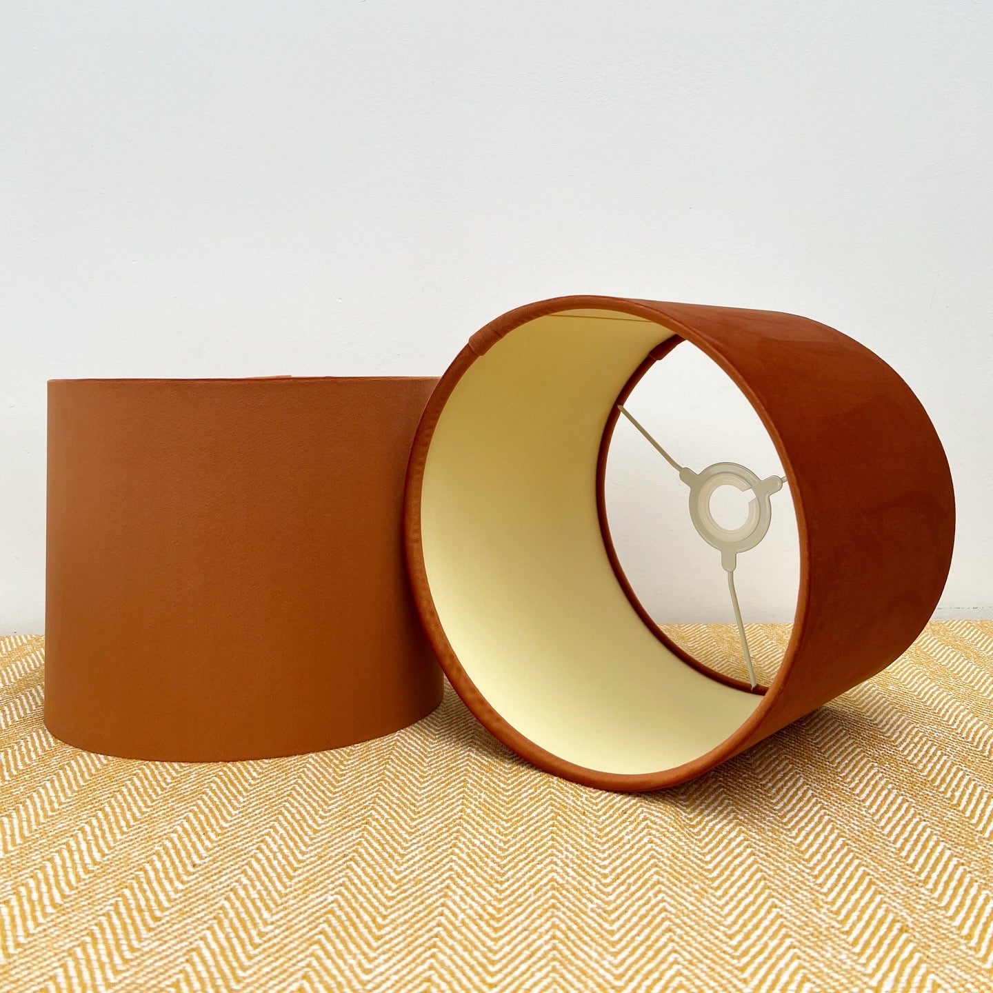 Burnt Orange Velvet & Cotton Double Sided Drum Lampshade | Handmade Ceiling Light Shade | Bespoke UK