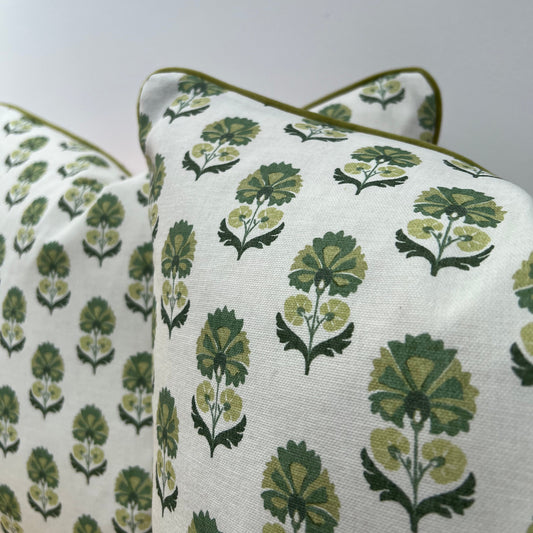 Green block print floral throw cushion, scatter cushion. Olive velvet piping