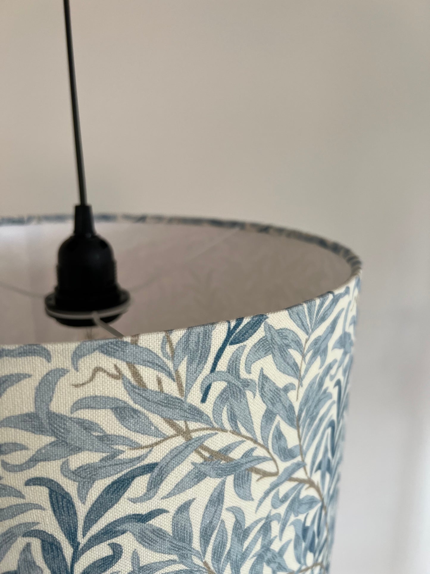 William Morris blue willow cotton drum lampshade/ ceiling shade with a white lining
