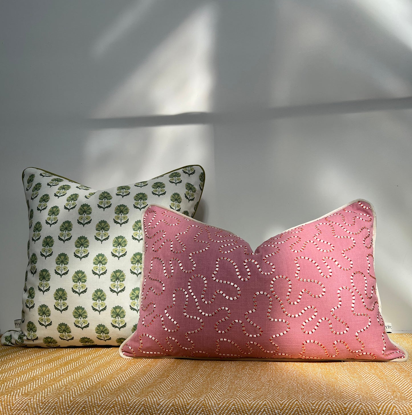 Green block print floral throw cushion, scatter cushion. Olive velvet piping