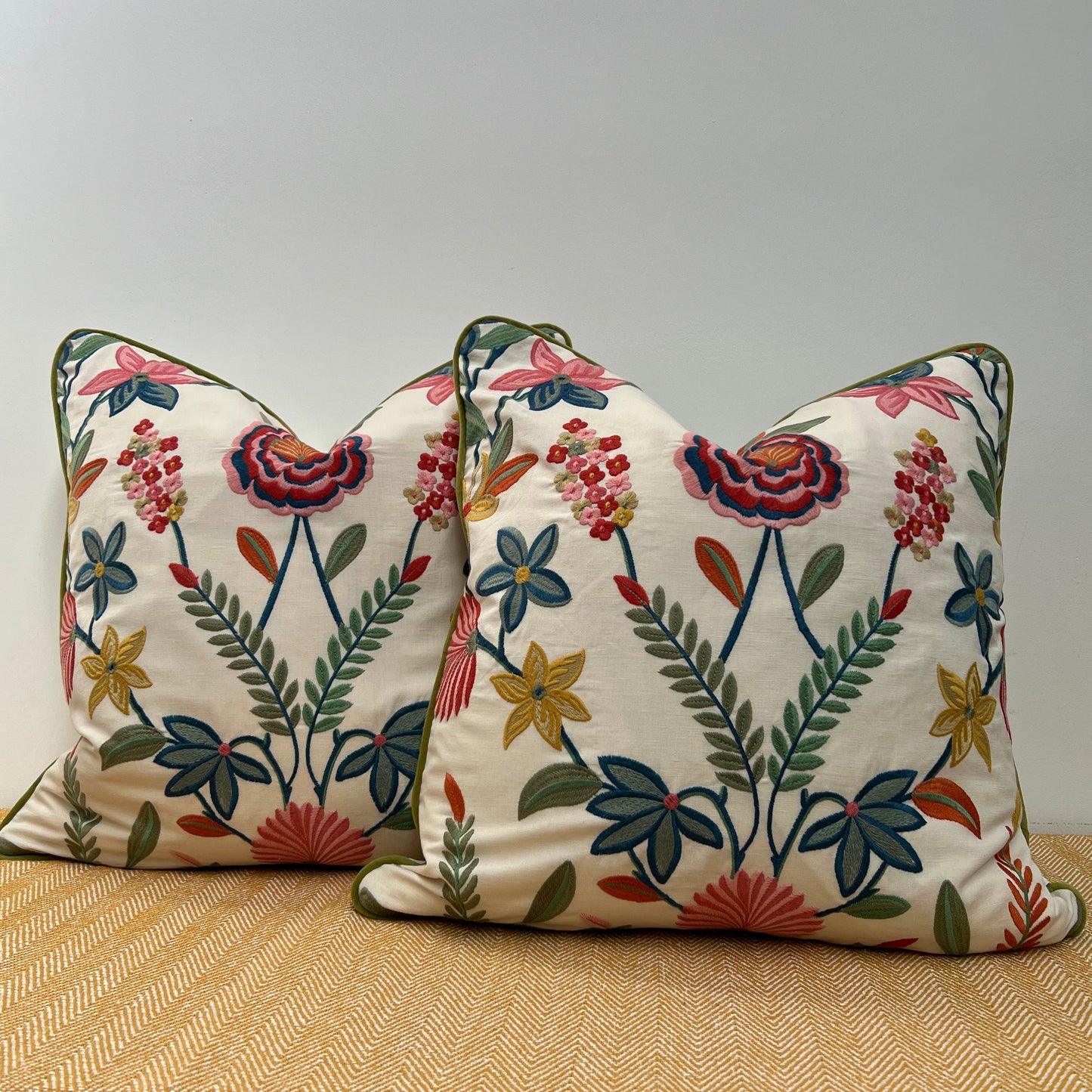 Botanical Embroidered Cushion, Floral Ivory with Olive Piping