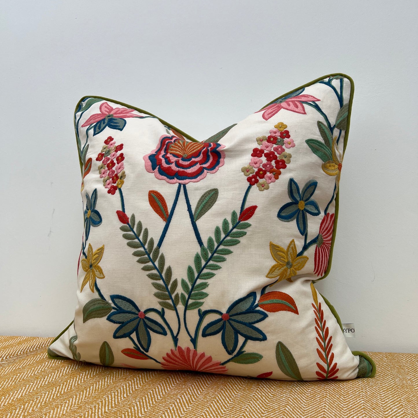Botanical Embroidered Cushion, Floral Ivory with Olive Piping