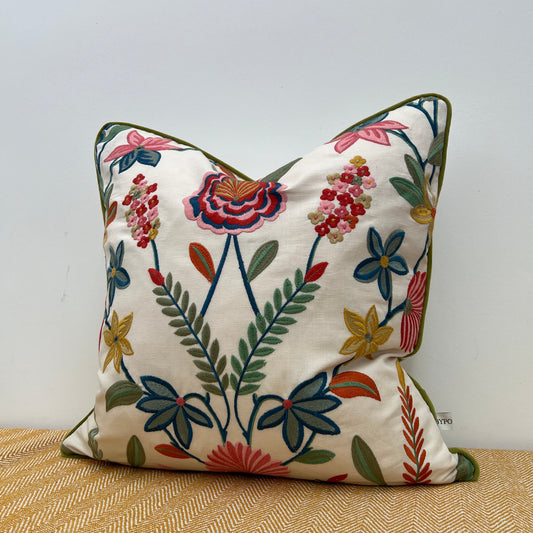 Botanical Embroidered Cushion, Floral Ivory with Olive Piping