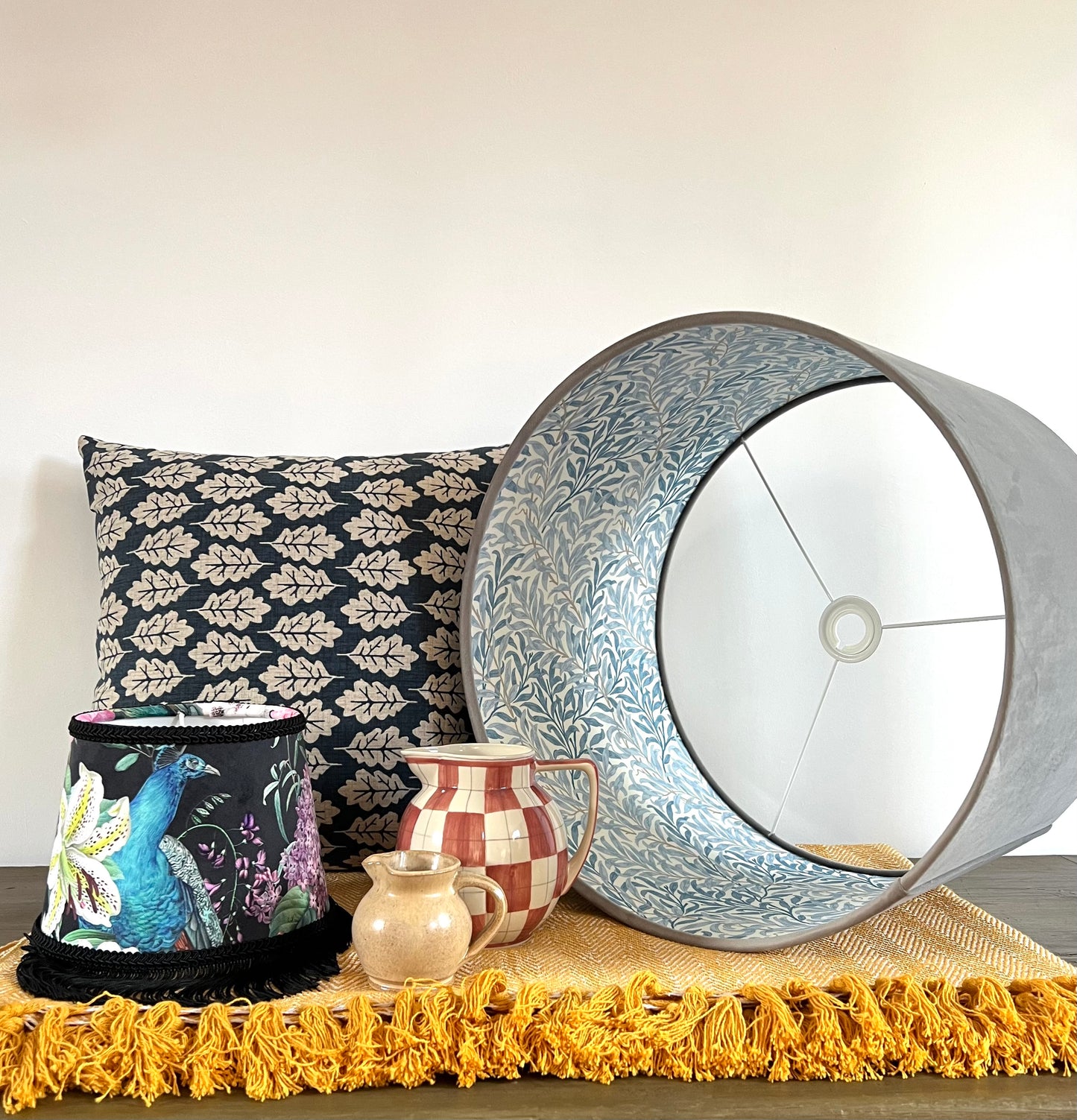 Grey velvet drum lampshade double sided lampshade with William Morris blue leaves cotton interior
