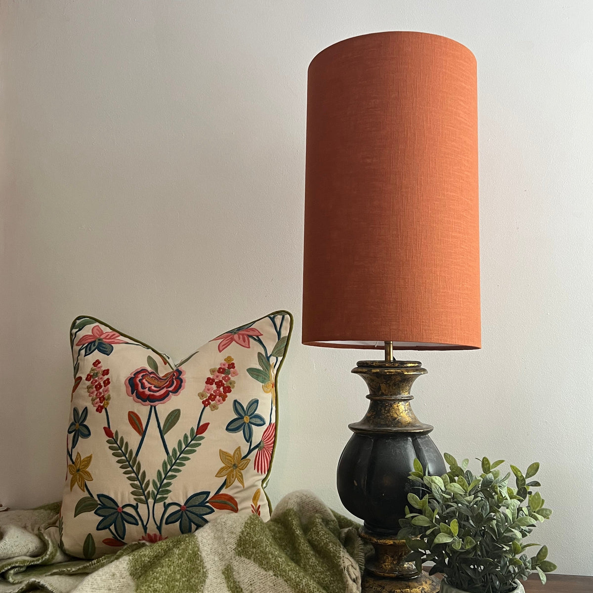 Terracotta Linen Lampshade | Extra Tall Cylinder Light Shade | Bespoke Handmade UK