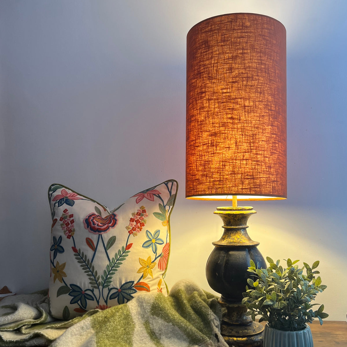 Terracotta Linen Lampshade | Extra Tall Cylinder Light Shade | Bespoke Handmade UK