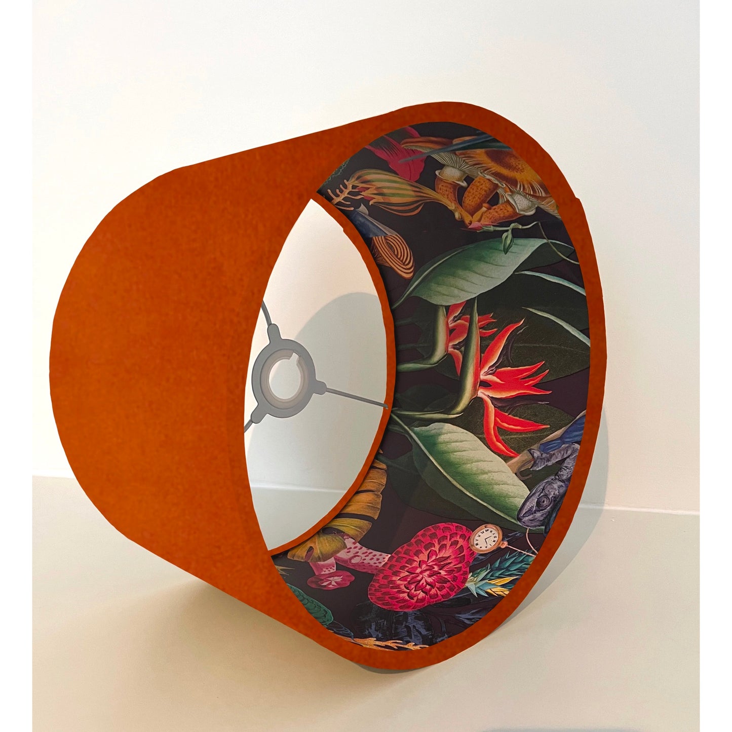 Burnt orange velvet drum lampshade/ ceiling light shade with wonderland paper interior