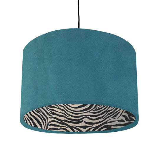 Teal velvet drum lampshade/ ceiling light shade with zebra print cotton interior