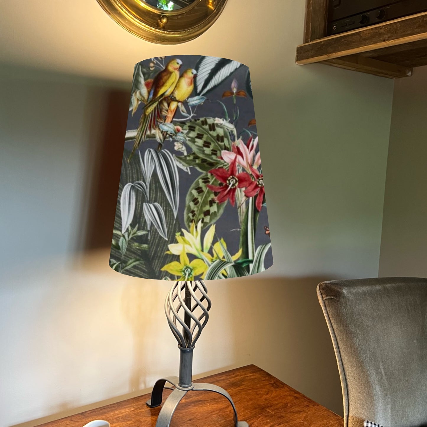 Tropical birds grey Velvet cone lampshade, extra tall lampshade