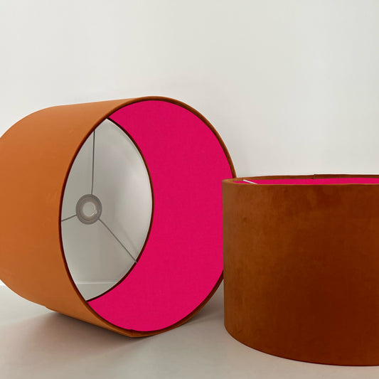 Burnt orange velvet drum lampshade/ ceiling light shade with cerise pink cotton interior