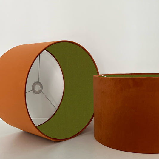 Burnt orange velvet drum lampshade/ ceiling light shade with olive green cotton interior