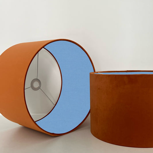 Burnt orange velvet drum lampshade/ ceiling light shade with light blue cotton interior