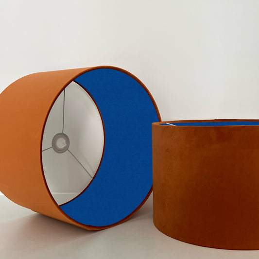 Burnt orange velvet drum lampshade/ ceiling light shade with royal blue cotton interior