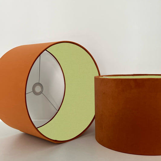 Burnt orange velvet drum lampshade/ ceiling light shade with sage green cotton interior