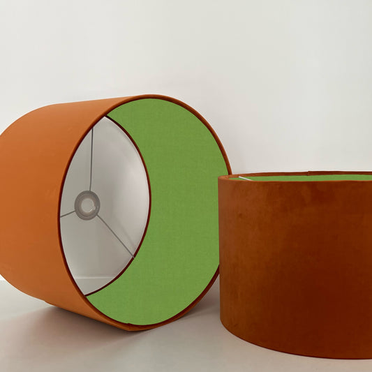 Burnt orange velvet drum lampshade/ ceiling light shade with green cotton interior