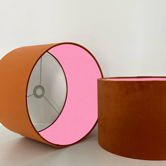 Burnt orange velvet drum lampshade/ ceiling light shade with light pink cotton interior