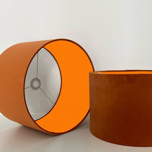 Burnt orange velvet drum lampshade/ ceiling light shade with bright orange cotton interior