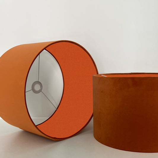 Burnt orange velvet drum lampshade/ ceiling light shade with burnt orange cotton interior