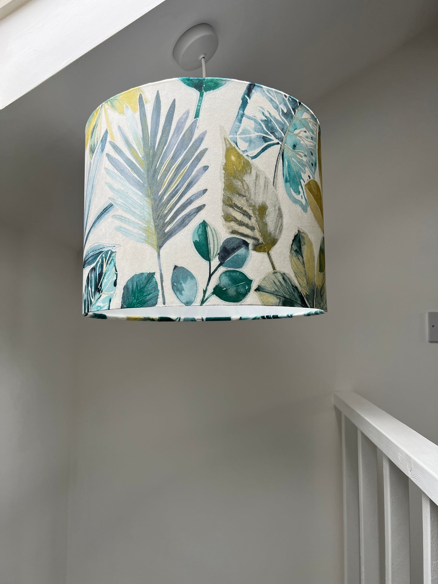 Rainforest velvet in green and blue, drum lampshade /ceiling shade with a white lining