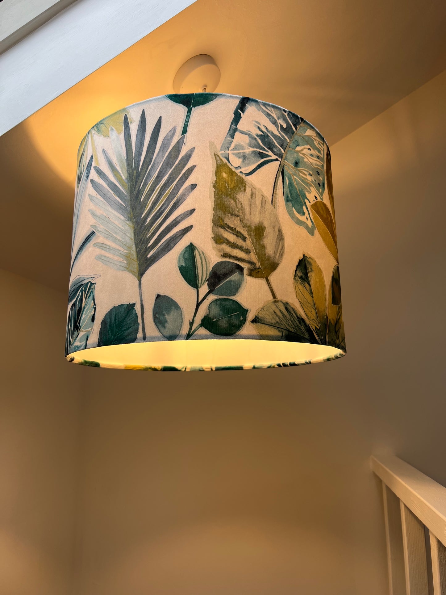 Rainforest velvet in green and blue, drum lampshade /ceiling shade with a white lining