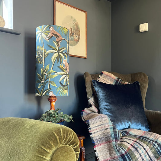 Jungle monkey teal cotton cylinder lampshade, extra tall lampshade