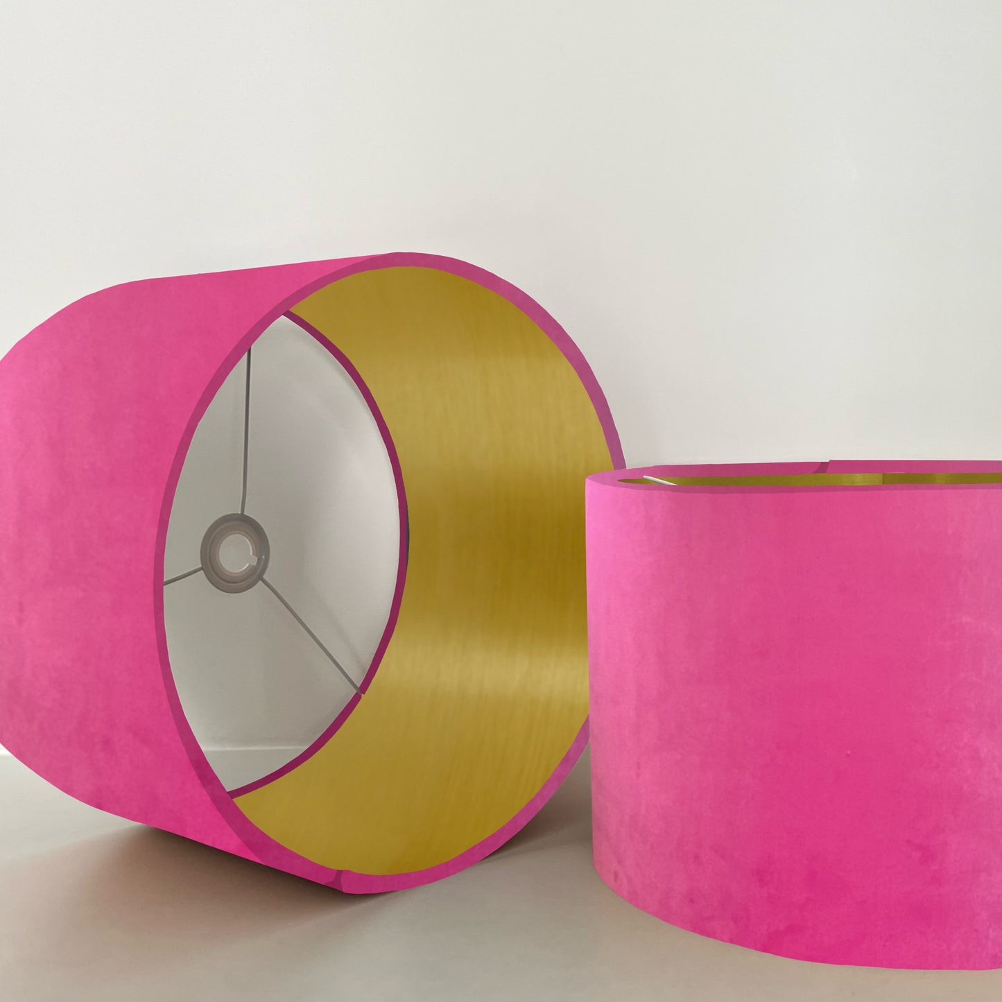 Pink velvet drum lampshade/ ceiling shade with a metallic brushed gold lining