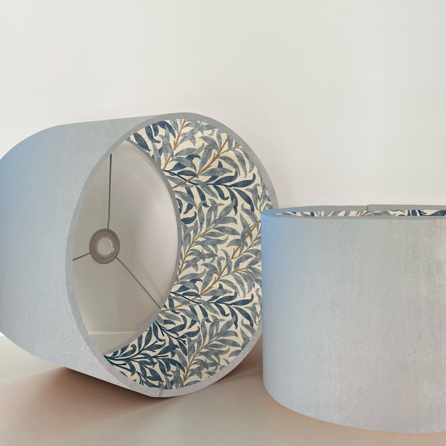 Grey velvet drum lampshade double sided lampshade with William Morris blue leaves cotton interior