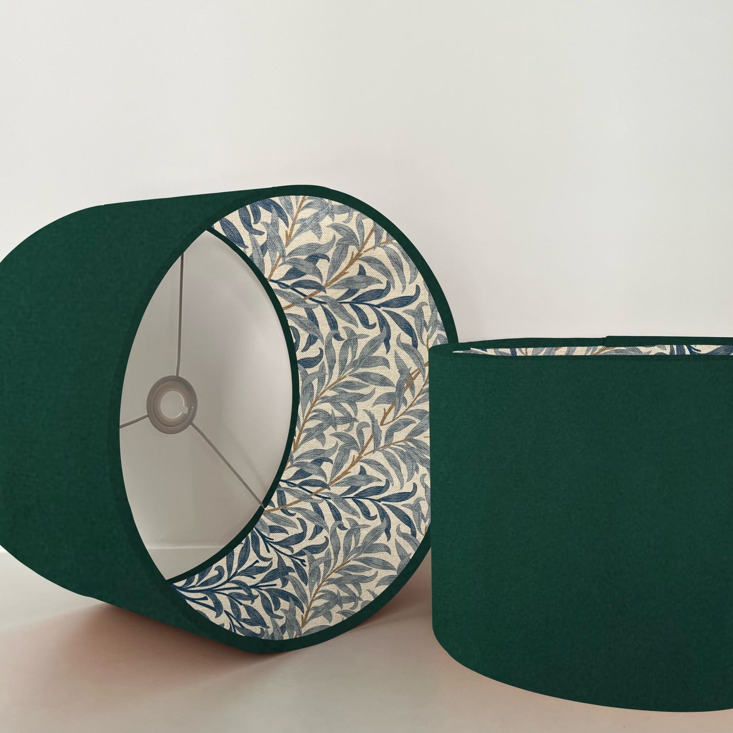 Green velvet drum lampshade, double sided lampshade, with William morris blue leaves cotton interior