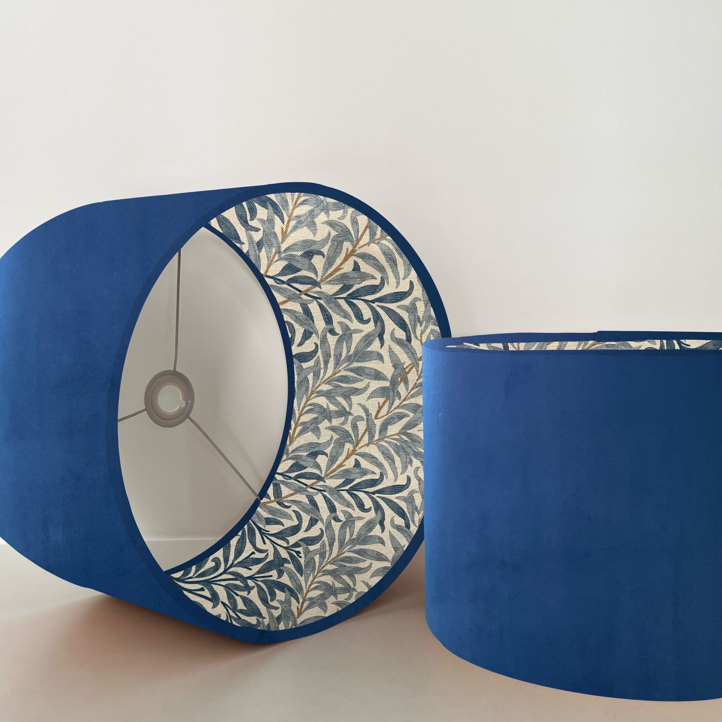 Navy velvet drum lampshade, double sided lampshade, with William Morris blue leaves cotton interior