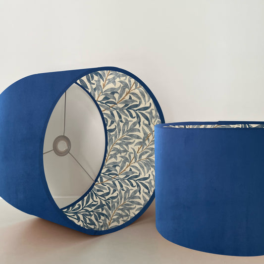 Navy velvet drum lampshade, double sided lampshade, with William Morris blue leaves cotton interior