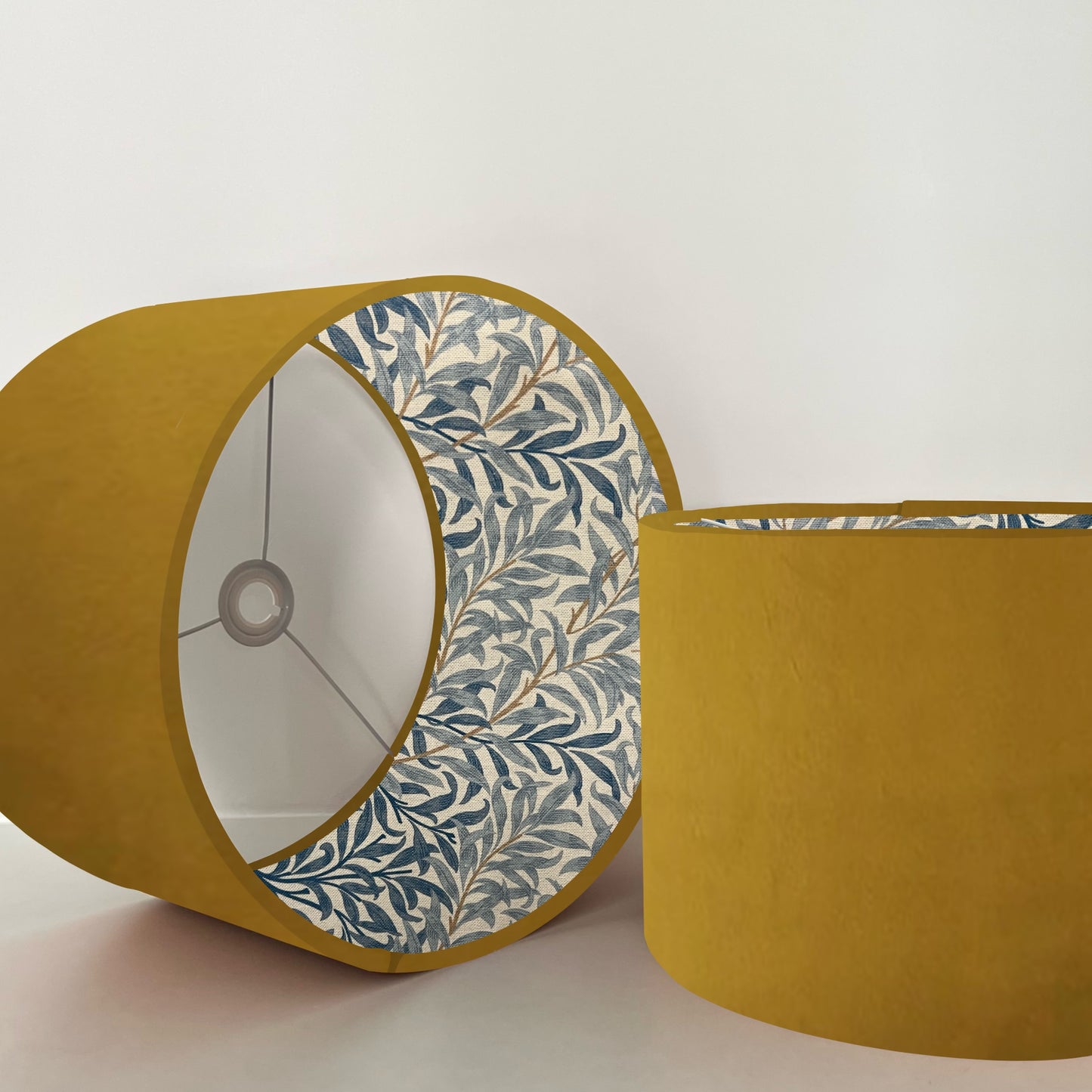 Mustard velvet drum lampshade, double sided lampshade, with William Morris blue leaves cotton interior