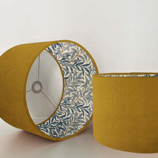 Mustard velvet drum lampshade, double sided lampshade, with William Morris blue leaves cotton interior