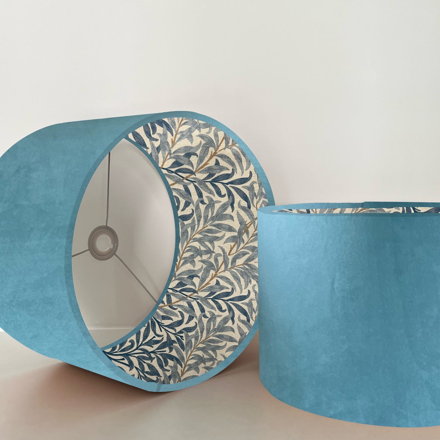 Teal velvet drum lampshade, double sided lampshade, with William Morris blue leaves cotton interior