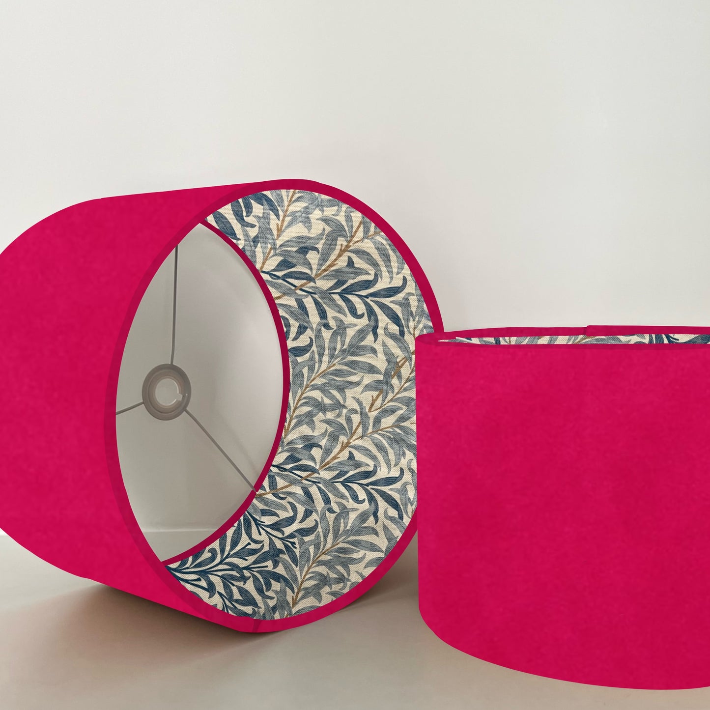 Cerise velvet drum lampshade, double sided lampshade, with William Morris blue leaves cotton interior