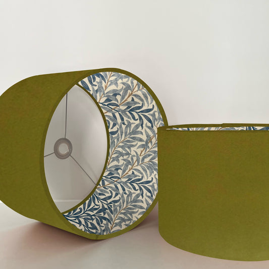 Olive velvet drum lampshade, double sided lampshade, with William Morris blue leaves cotton interior