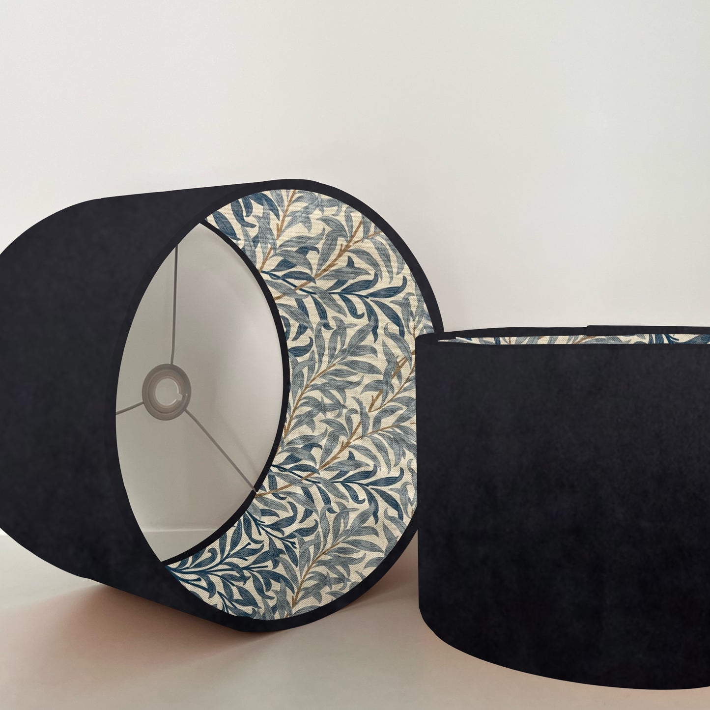 Black velvet drum lampshade, double sided lampshade, with William morris blue leaves cotton interior