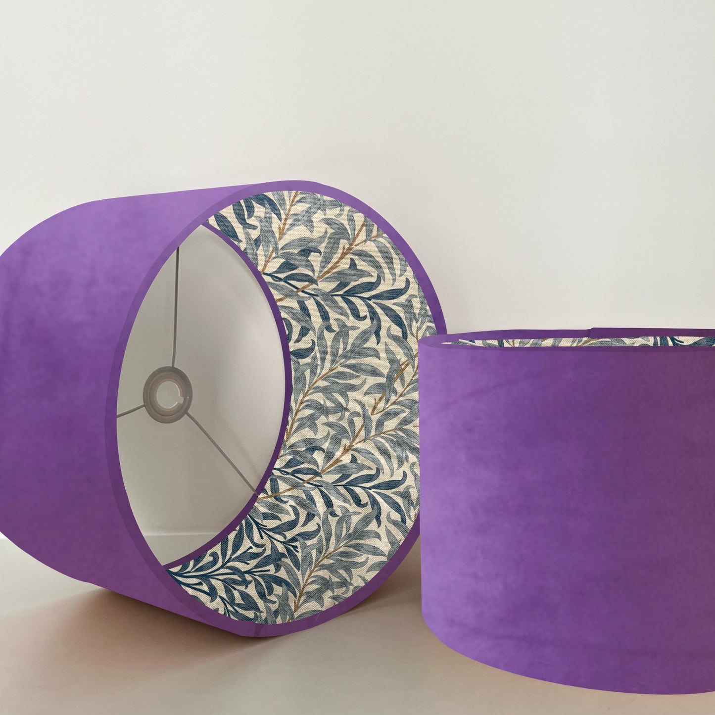 Purple velvet drum lampshade, double sided lampshade, with William Morris blue leaves cotton interior