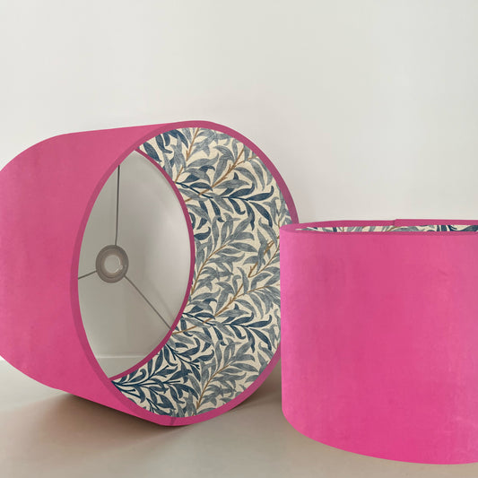 Pink Velvet drum lampshade, double sided lampshade, with William Morris blue leaves cotton interior