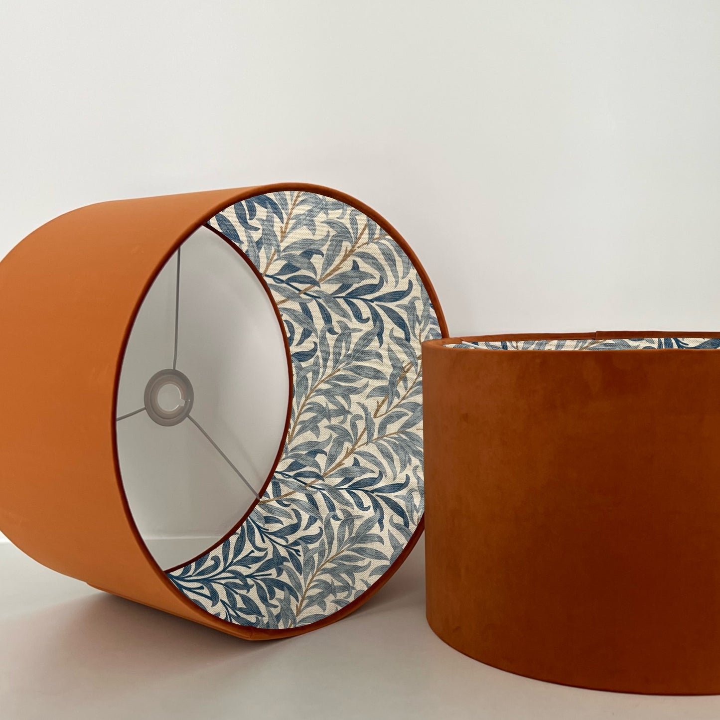 Burnt orange velvet drum lampshade, double sided lampshade, with William morris blue leaves cotton interior