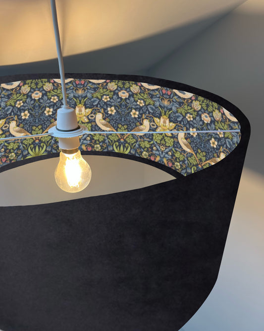 Black velvet drum lampshade, double sided lampshade, with navy strawberry thief cotton interior