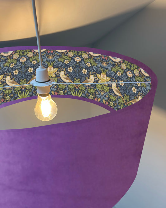 Purple velvet drum lampshade/ ceiling light shade with navy strawberry thief cotton interior