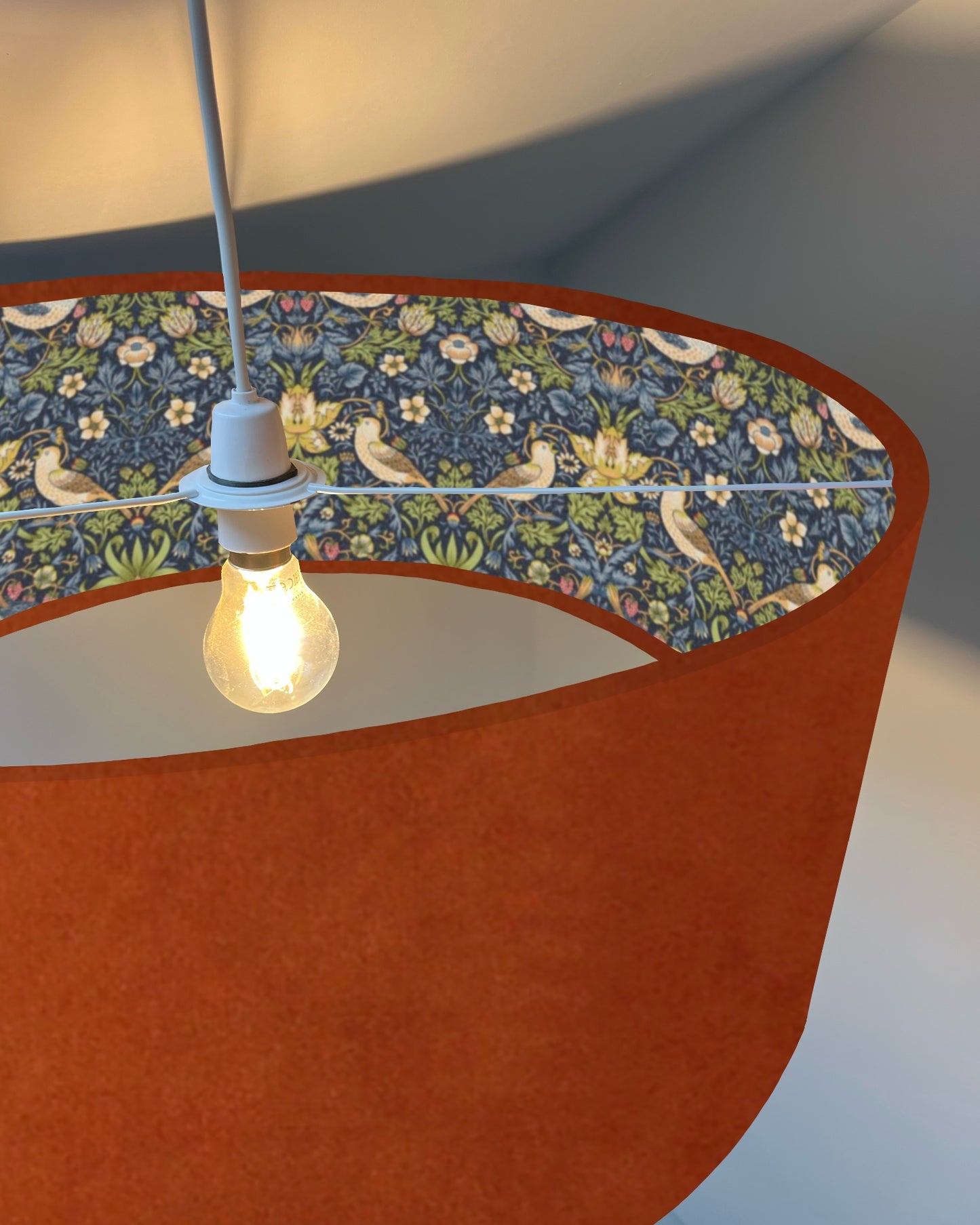 Burnt orange velvet drum lampshade, double sided lampshade, with strawberry thief navy cotton interior